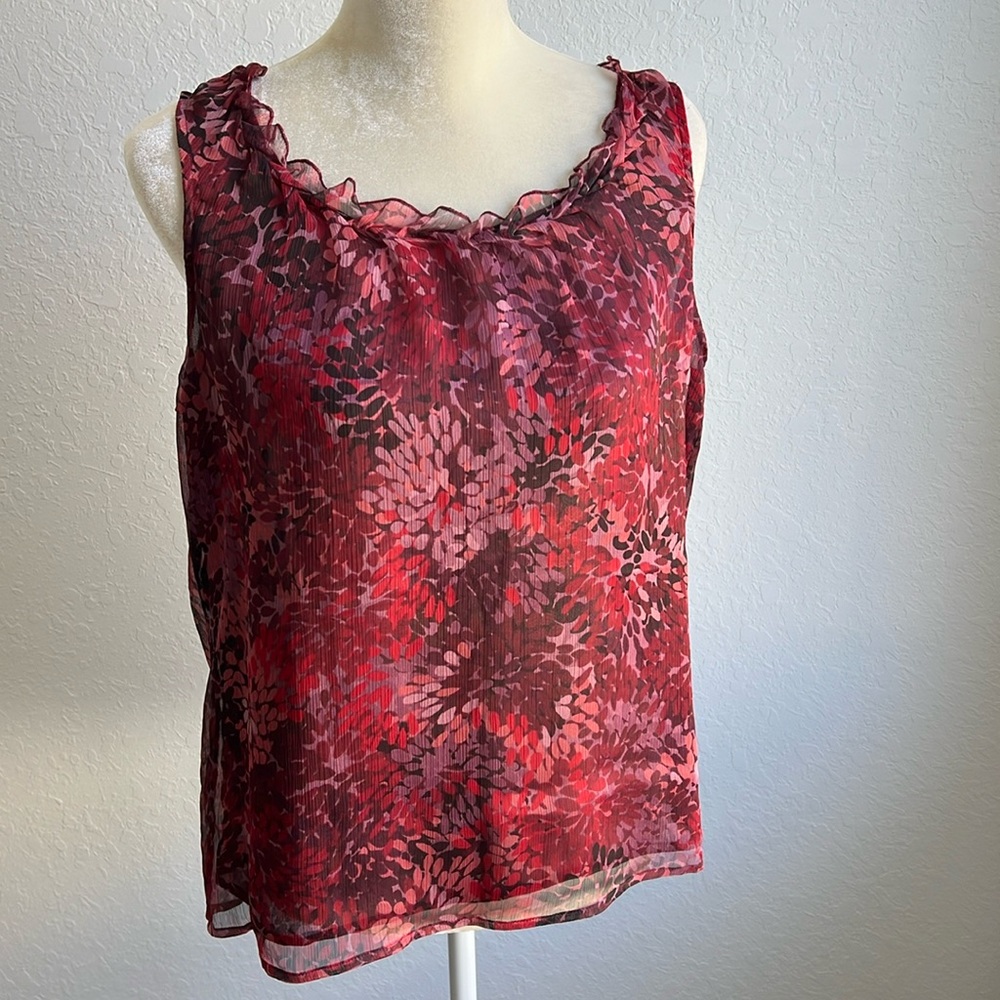 Coldwater Creek lined patterned ruffle blouse sleeveless sz Medium